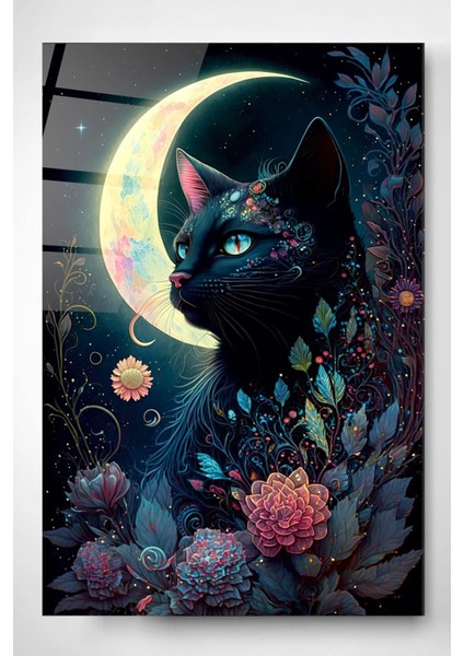 Moon And Cat Cam Tablo, Dekoratif Cam Tablo