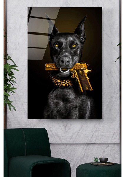 Doberman Gold Cam Tablo, Dekoratif Cam Tablo