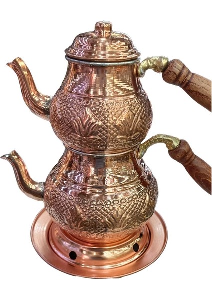 Kırmızı Bakır Çaydanlık Takımı, Lale Desenli, Şık ve Zarif Tasarım