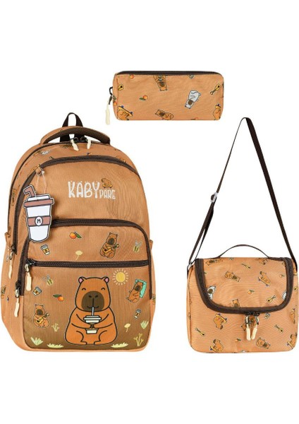 Unisex Ilkokul Çantası Caby Para 3'lü Set 40*30 cm Beslenme Çantası Kalem Kutusu Ortopedik Kabypare