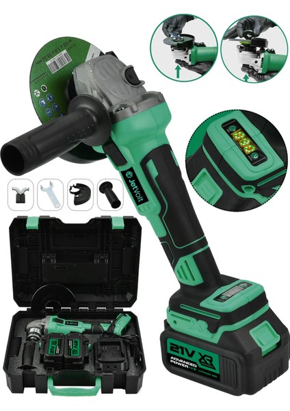 Yüksek Performanslı 21V 2.0AH Çift Akülü Taşlama Makinesi, 125MM, Kablosuz, Yeşil