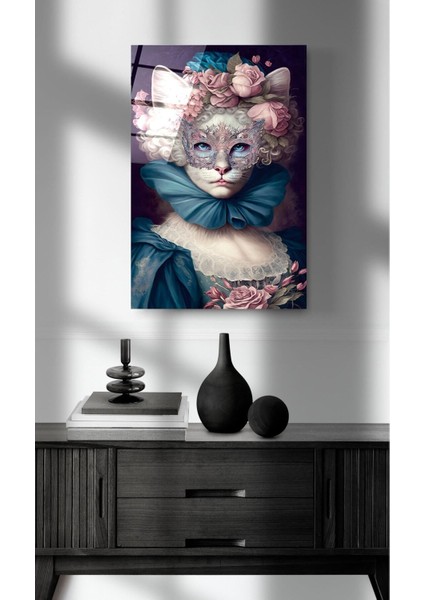 Rokoko Tarzı Kedi Cam Tablo, Dekoratif Cam Tablo