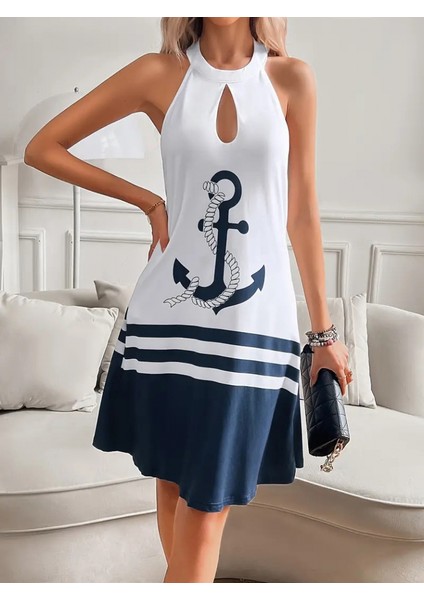 Kadın Askılı Çıpa Baskılı Sırtı Açık Kısa Süprem Elbise fiyatları