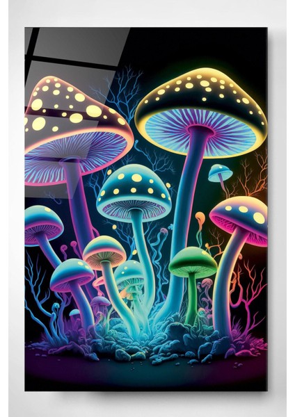 Neon Mantarlar Cam Tablo, Dekoratif Cam Tablo