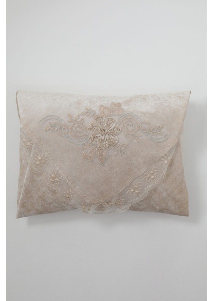 Kadife Bohça, Fransız Dantelli, Vizon, Şık ve Zarif Ev Dekorasyon Aksesuarı