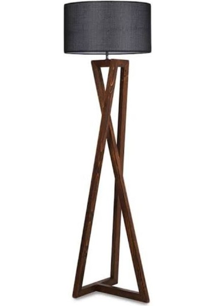 Doğal Eskitme Ahşap Z Lambader, Dokuma Kumaş ve Şapkalı, Siyah Renkli