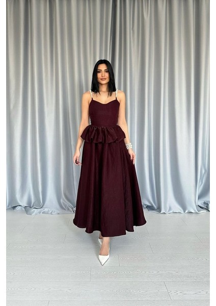 Bordo Beli Büzgülü Inci Askılı Uzun Elbise