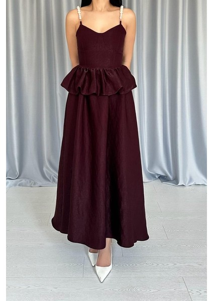 Bordo Beli Büzgülü Inci Askılı Uzun Elbise fırsatları