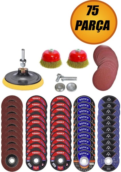 75 Parça Spiral Taşlama Diskleri Seti, Ahşap, Metal, Inox, Kesici, Zımpara, Flap, 115 mm