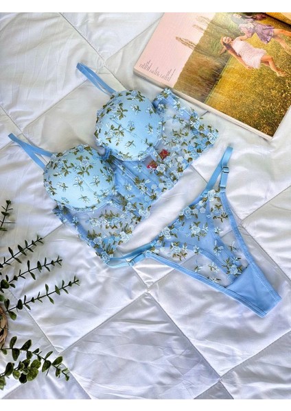 Miss Özel Tasarım Mavi Dantel Işlemeli Çiçek Desenli Destekli Bralet Takımı fiyatları