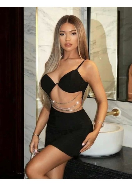 Miss Zincir Detaylı Göğüs Dekolteli Siyah Mini Club Elbisesi