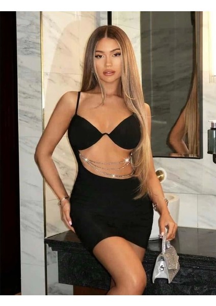 Miss Zincir Detaylı Göğüs Dekolteli Siyah Mini Club Elbisesi