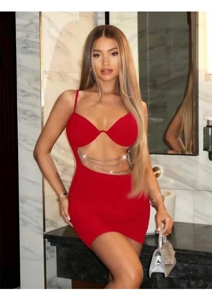Miss Zincir Detaylı Göğüs Dekolteli Kırmızı Mini Club Elbisesi indirimleri