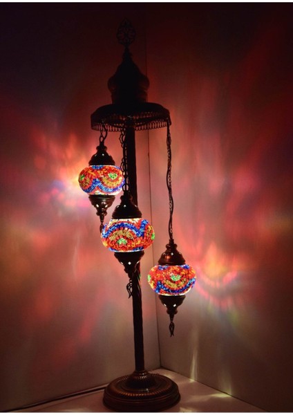 Kırmızı Mozaik Lambader, Otantik ve Dekoratif Köşe 3'lü Gece Lambası