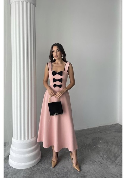 Pudra Fiyonk Garnili Dantelli Elbise