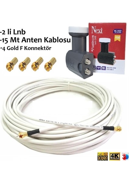 15 Metre Anten Kablosu + 2'li Platinum Quad Next Lnb (YE-202) + 4 Gold F Konnektör