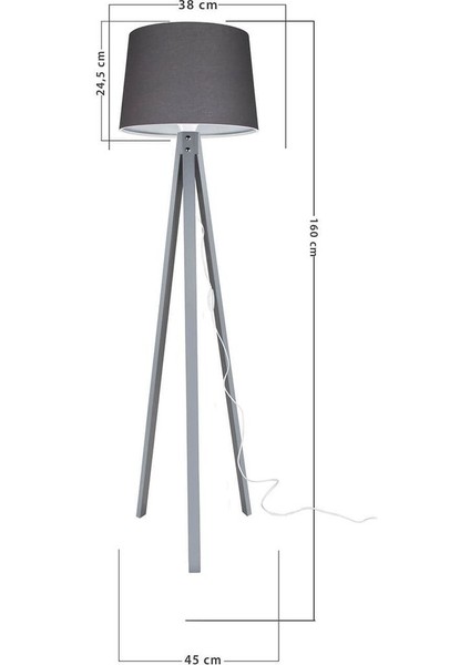 Ahşap Tripod Üç Ayaklı Lambader, Füme Şapka ve Gri Ayak, Şık ve Modern Tasarım