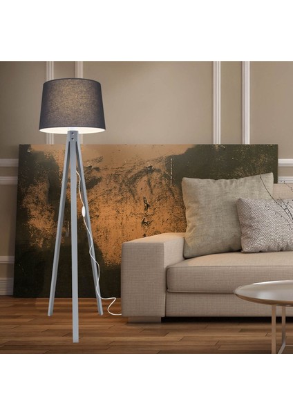 Ahşap Tripod Üç Ayaklı Lambader, Füme Şapka ve Gri Ayak, Şık ve Modern Tasarım fırsatları
