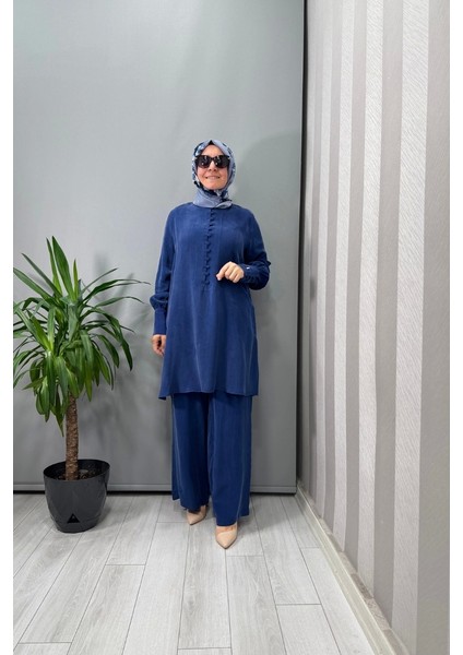 Beli Lastikli Bol Paça Cupro Pantolon Mavi T25Y-7007