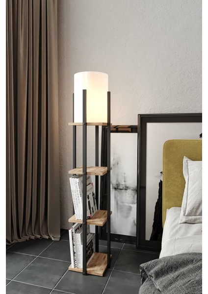 Kahverengi Ayaklı Ahşap Raflı Modern Lambader, Şık ve Kullanışlı Dekoratif Aydınlatma