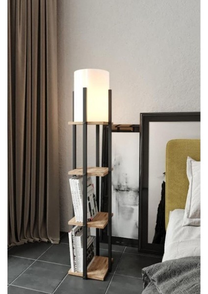 Modern Siyah Ahşap Raflı Şık Lambader, Ev Dekorasyonuna Zarif Dokunuş