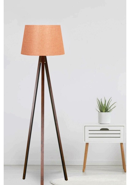 Üç Ayaklı Ahşap Tripod Abajur, Konik Kumaş, Turuncu ve Kahverengi
