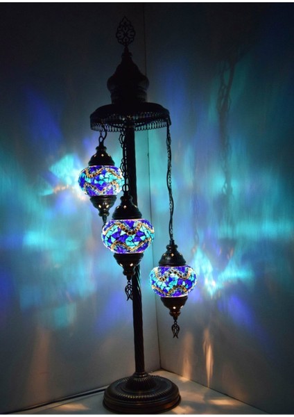 Mavi Mozaik Lambader, Otantik Dekoratif Köşe Lambası, 3'lü Gece Işığı Seti