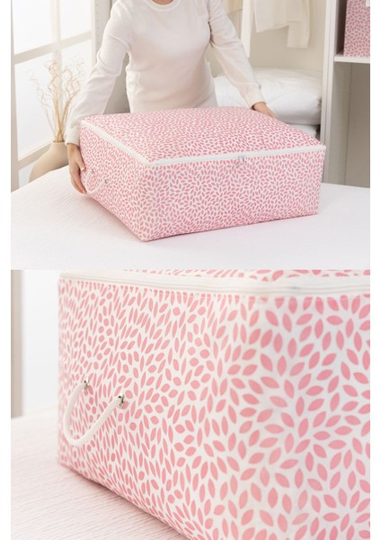 3'lü Pembe Büyük Boy Pudra Yaprak Baskılı Baza Altı Yastık Yorgan Kazak Seti