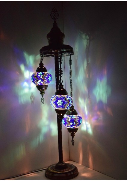 Mavi 3'lü Mozaik Gece Lambası, Otantik ve Dekoratif Köşe Lamba Seti