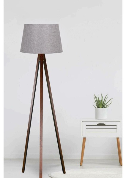 Şık Üç Ayaklı Ahşap Lambader, Konik Kumaş Gri Başlık, Kahverengi Ayak