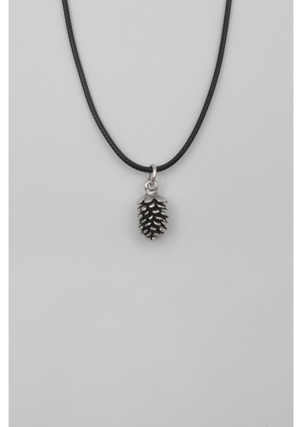 Çam Kozalağı Siyah Deri Ip Kolye - Antik Gümüş Kaplama - Kadın Erkek - 60 cm