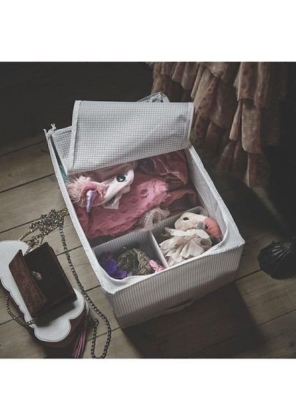 Bölmeli Saklama Kutusu, 34X51X28 Cm, Gri-Beyaz Kareli, Düzenleyici Hurç