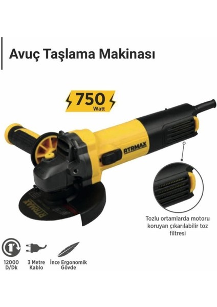750W Taşlama Makinası 115MM RTM102, Güçlü ve Dayanıklı Güç Aracı