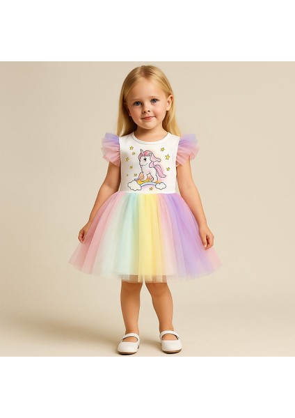 Kız Çocuk Unicorn Elbise Tüllü Elbise Rengarenk Doğum Günü ve Parti Elbisesi