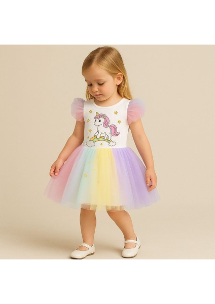 Kız Çocuk Unicorn Elbise Tüllü Elbise Rengarenk Doğum Günü ve Parti Elbisesi fiyatları