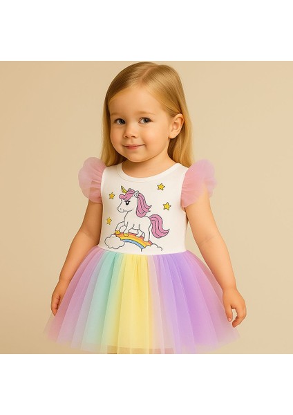 Kız Çocuk Unicorn Elbise Tüllü Elbise Rengarenk Doğum Günü ve Parti Elbisesi modelleri