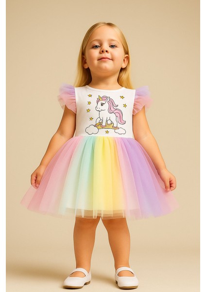 Kız Çocuk Unicorn Elbise Tüllü Elbise Rengarenk Doğum Günü ve Parti Elbisesi fırsatları