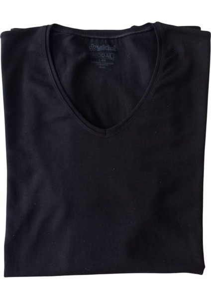 Tişört V yaka pamuklu cotton modal elasten siyah ekstra esnek slim fit unisex VS1-1S fırsatları