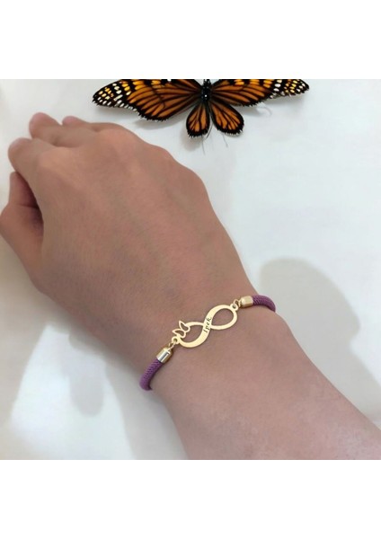 İpek İsmine Özel Sonsuzluk Motifli 14 Ayar Altın Plakalı Mor İpek Örgülü Hediye Bileklik-505 İsim