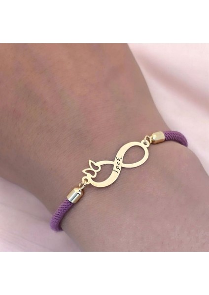 İpek İsmine Özel Sonsuzluk Motifli 14 Ayar Altın Plakalı Mor İpek Örgülü Hediye Bileklik-505 İsim fırsatları
