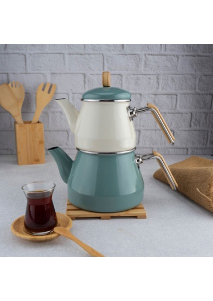 Yeşil Bambu Kulplu Emaye Çaydanlık Takımı, Şık ve Kullanışlı Set