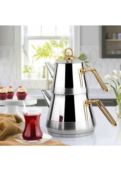 Paslanmaz Çelik Çaydanlık ve Demlik Seti, Orta Boy, 1-2 Litre