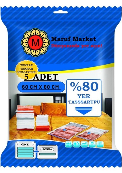 Yüksek Kaliteli Vakumlu Saklama Poşet Seti 5'li 60X80 Cm, Yorgan, Battaniye, Elbise Için