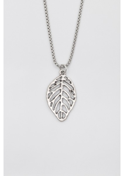 Yaprak Örme Zincir Kolye - Antik Gümüş Kaplama - Kadın Erkek - 60 cm