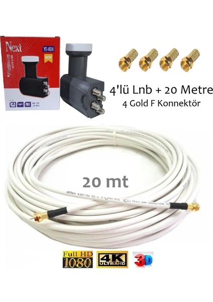 20 Metre Anten Kablosu / 4 Lü Platinum Next Lnb YE-404 / 4 Gold F Konnektör