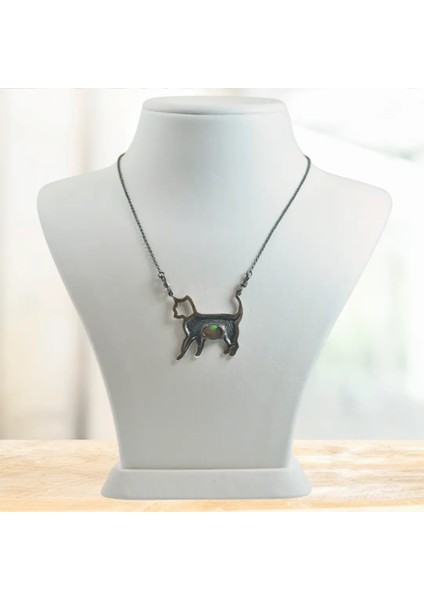 Opal Taşı Gümüş Kolye Kedi Figürlü (Özel Seri)