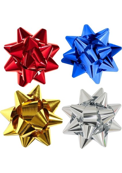 10 Adet Parlak Metalik Karışık Küçük Boy Fiyonk Hediye Poşeti Süsü Rafya Yapışkanlı Yıldız Süs