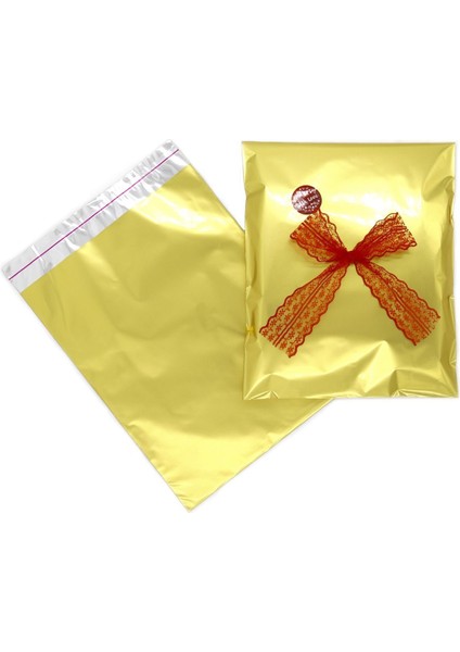 25X35 Altın Sarı Yapışkanlı Metalize Hediye Poşeti Metalik Gold Hediye Ambalaj Paketi 10 Adet