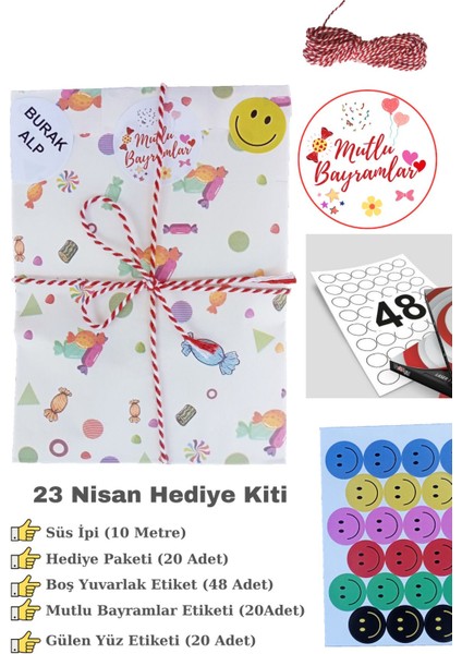 23 Nisan Hediye Kiti, Hediye Paketi, Süs Ipi, Mutlu Bayramlar Etiketi, Gülen Yüz Etiketi, Boş Etiket