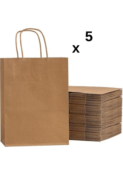 Kraft Hediye Kağıt Çanta 5 Adet Büküm Saplı 25x12x31 cm Doğal ve Şık Tasarım